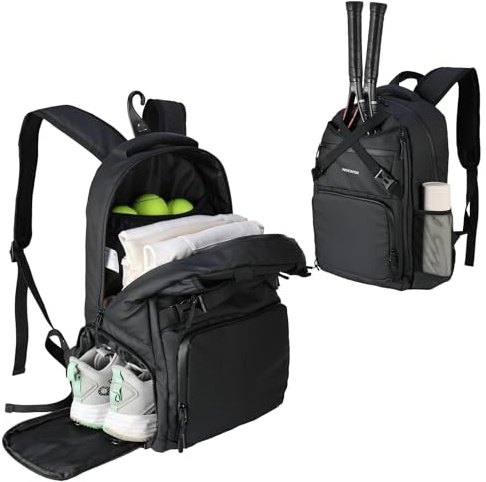 NEEWER Tennistasche für Damen/Herren, für bis zu 2 Schläger, wasserabweisender 1000D PU Tennisrucksack für Tennisbälle Pickleball Racquetball mit Schuhfach Seitentasche Zubehörtaschen Zaunhaken, TB02B