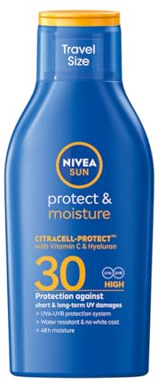 NIVEA SUN Schutz & Pflege Sonnenmilch LSF 30 Reisegröße (100 ml), Sonnencreme für 48h Feuchtigkeit, sofortiger Sonnenschutz vor UVA-/UVB-Strahlen
