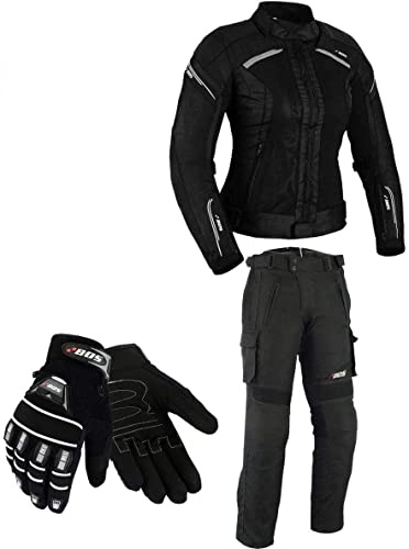 BOSmoto DAMEN MOTORRADKOMBI JACKE + HOSE + HANDSCHUHEN - BIKE MOTORRAD ROCKER TOURING,Sommer (M), Schwarz