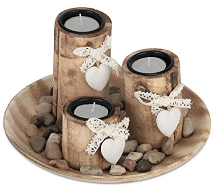 Relaxdays Teelichthalter Set, runde Dekoschale, mit Teelichtern & Steinen, Tischdeko Wohnzimmer, Esszimmer, Holz, Natur