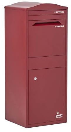 SMART PARCEL BOX Paketbox draussen, Standbriefkasten mit Paketfach, Paketbriefkasten XXL, große Postbox für Pakete Outdoor, Paketkasten groß mit Bogendach rostfrei, verzinkter Stahl, Bordeaux