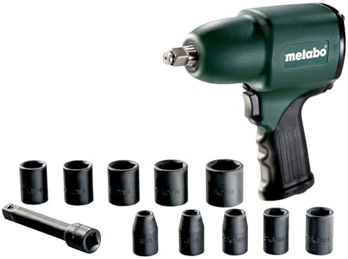metabo Druckluft-Schlagschrauber DSSW 360 Set, 1/2 Zoll, 410 Nm, 6.2 bar | Schlagschrauber Set mit 630 Nm Lösemoment, inkl. 10 Steckschlüssel, Verlängerung und Koffer, ideal für Radwechsel am KFZ