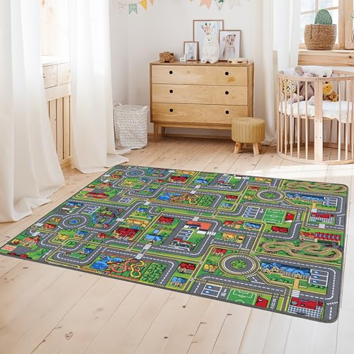 Primaflor Interaktiver Kinderteppich Streets - 200 x 300 cm | Made in Europe | mit Straßenmotiv, Hochwertiger Straßen-Teppich mit Kreisverkehren | für Kinderzimmer, für Jungen & Mädchen