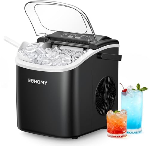 EUHOMY Eiswürfelmaschine Klein, 12KG Eiswürfelbereiter Ice Maker, 9 Würfel in 6 Minuten fertig, Schwarz Eiswürfelmaschine mit Tragbarem Griff, 12KG/24H, Selbstreinigendes Eiswürfelmaschinen