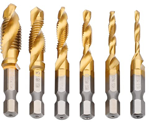 JTENG 6 teilig Kombi Gewindebohrer Bit Satz 1/4'' HSS M3-M10 Schraube Sechskantschaft Senker Werkzeuge Bohrer Bit Set Maschinengewindebohrer Drill Bits Satz Edelstahl HSS