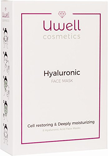 UWELL Cosmetics Hyaluron Gesichtsmaske | Face Mask | Premium Tuchmaske | Hydrogel Gesichtsmaske | Hyaluronsäure Vlies Maske | Feuchtigkeitsspendend | Vegan | einfache Anwendung | Packung zu 8 Stk.