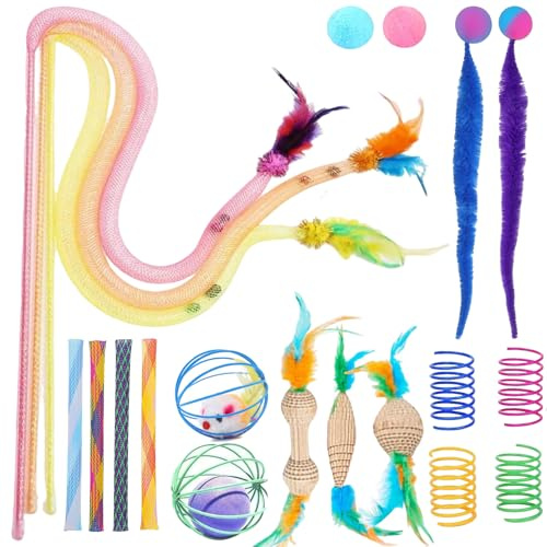 20 Stück Interaktives Katzenspielzeug Set, Katzenangel mit Federn,Tube Katzenspielzeug, katzenball mit federn, Spring Spirale， Maus mit bälle, Wellpappe-Spielzeug，Katzenspielzeug Selbstbeschäftigung