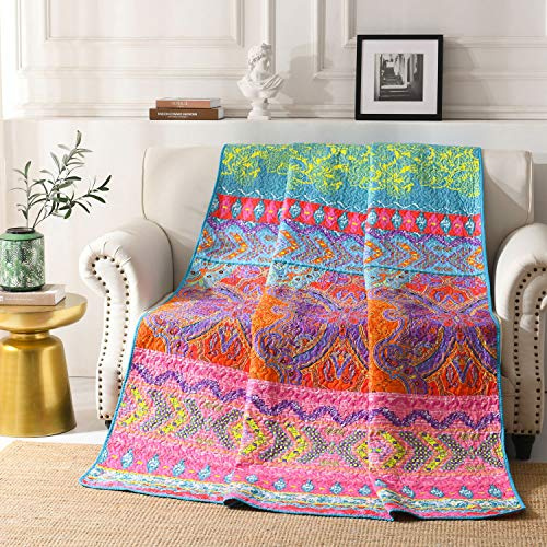 Qucover Tagesdecke 150x200 Bettüberwurf Tagesdecke Bunt, Zweiseitige Tagesdecken Boho Stil für Einzelbett, Wendedecke, Wohndecke Sofadecke Sofaüberwurf mit Sonnenblumen-Muster (Bunte-2, 150x200cm)