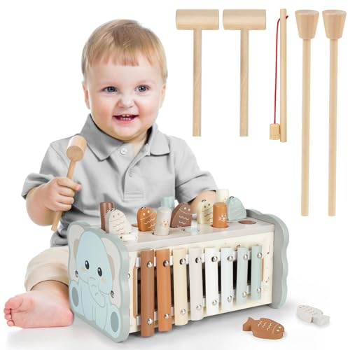 DINORUN Montessori Spielzeug ab 1 Jahr, Hammerspiel Holzspielzeug Motorikspielzeug, Xylophon Kinder 1 Jahr, Geschenk Kinderspielzeug ab 1 2 3 4 Jahre Mädchen Junge
