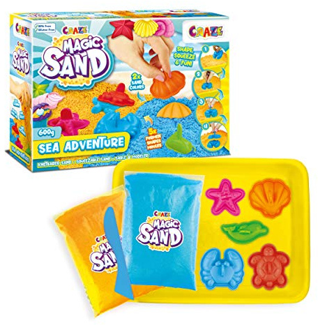 CRAZE MAGIC SAND Sea Adventures | Knetsand Set 600 g bunter Magischer Sand in 2 Farben mit Förmchen & Koffer
