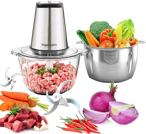 Küchenmaschine 500W, Zerkleinerer mit 2 Klingensätzen, Fleischwolf mit Zwei 2L Schüsseln (Glas + Stahl), Spülmaschinenfester Elektrischer Zerkleinerer zum Zerkleinern von Fleisch, Babynahrung & Nüssen