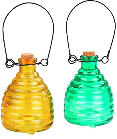 Maximex Wespenfalle aus Glas mit Metallbügel zum Aufhängen, befüllbar mit Lockflüssigkeiten wie Zuckerwasser, dekorativer Wespenfänger für Garten, Terrasse und Balkon, wiederverwendbar, Ø 9 x 14 cm