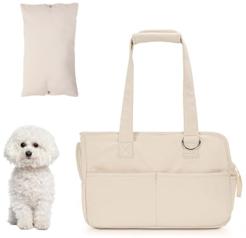 Dokeno Transporttasche für kleine Hund Katze bis 8kg, Hundetransportbox faltbar für Reise & Auto, Atmungsaktive Katzen Tragetasche Haustiertragetasche mit Tragegriffen (Beige, 41x19x31cm)
