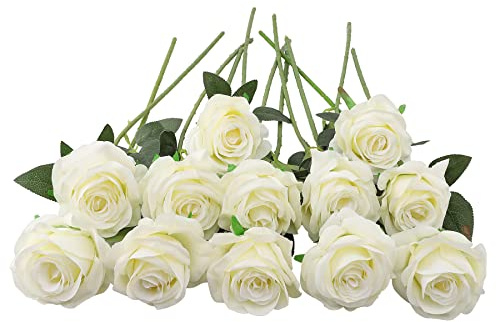 JOYHAZE Künstliche Rosen, 19,7 cm, einzelner langer Stiel, Seidenblumen, blühende Rosen für Hochzeit, Zuhause, Party, Büro, Tischdekoration, DIY-Blumenarrangements, Weiß, 12 Stück