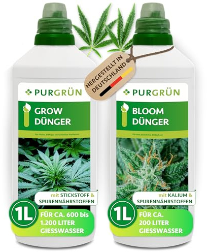 Purgrün® Cannabis-Dünger-Set 2 x 1 Liter– Schnell wirksame mineralische Rezeptur – Vollspektrum-Nährstoffe für Wachstum & Blüte – Flüssigdünger Indoor & Outdoor – Für Autoflower, Sativa & Indica