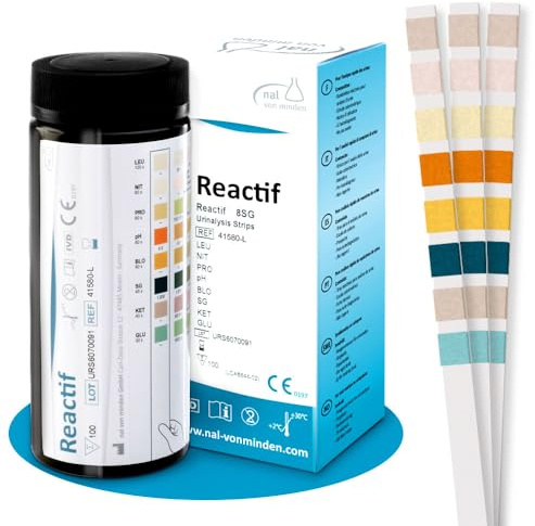 Reactif Urin Teststreifen 8 Parameter, 100 Stück, Blasenentzündung Test | Harnwegsinfekt, Ketose Teststreifen für zu Hause, pH Wert, Glucose, Nitrit, Leukozyten, Protein, Urinteststreifen, Urin Test