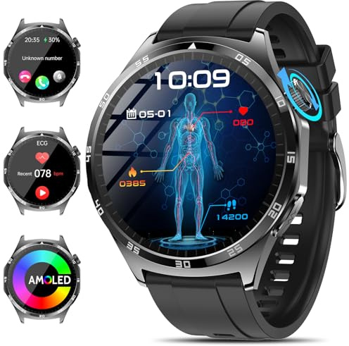 2025 Neu Smartwatch Herren mit EKG/Harnsäure/BMI Rund 1,43 AMOLED Fitness Gesundheitsuhr mit 24h Herzfrequenz Blutdruck SPO2,Schlaf/Apnoe-Monitor Bluetooth-Anrufe SOS-Notruf für iOS Android