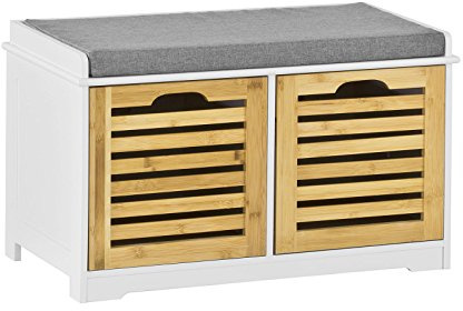 SoBuy Schuhbank Sitzbank mit Stauraum – Schuhregal mit 2 Körben, Sitztruhe mit Sitzkissen – Flurbank Kommode für Eingangsbereich – Belastbar bis 120kg, 71x43x34cm – Weiß + Natur FSR23-K-WN