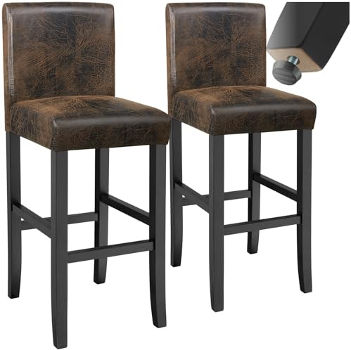 tectake® 2er Set Barhocker, Bistrohocker, Tresenhocker, Barhocker mit Lehne, gepolsterter Barstuhl, Bistrostuhl mit Fußstütze, Holz und Kunstleder, Stuhlbeine aus Massivholz, 107 cm hoch - antikbraun