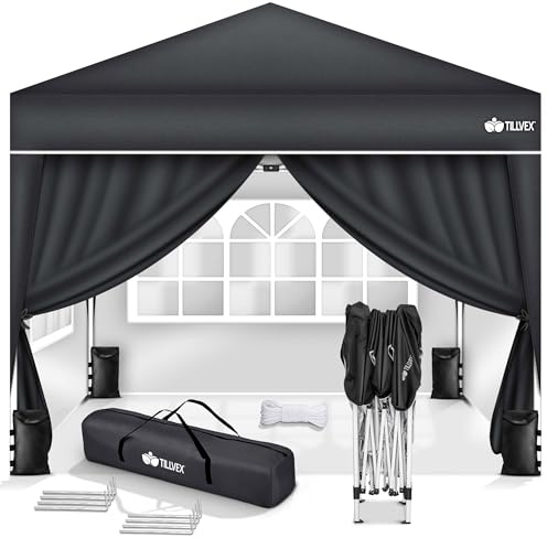 tillvex Pavillon 3x3m wasserdicht mit 4 Seitenteilen + 4er Set Sandsäcke | Pop-Up Faltpavillon stabil & höhenverstellbar | Gartenzelt UV Schutz 50+ | Partyzelt mit Tasche für Garten (Anthrazit)