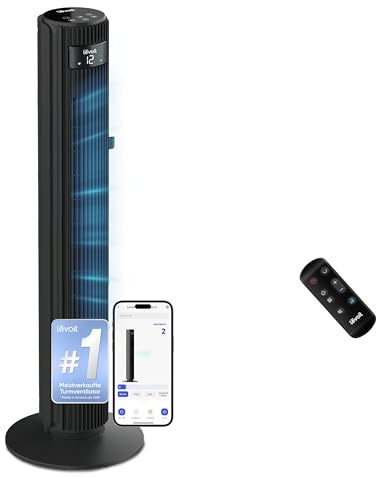 Levoit - Smart APP Turmventilator Leise-Ventilator für Schlafzimmer - 4 Modi/12 Stufen/12 Std Timer - Fernbedienung & Kühlung - 7,9m/s - Sensor & Sprachsteuerung Standventilator - Schwarz, 106 cm