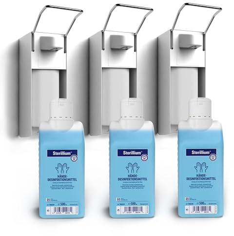 HORN MEDICAL Desinfektionsmittelspender mit Sterillium 500 ml (3) | Zeitloser Aluminium Desinfektionsmittel- / Seifenspender inkl. original 500 ml Sterillium Händedesinfektionsmittel