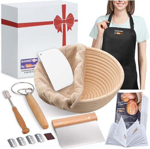 Gärkörbchen Sauerteig Brot Back Set mit Stoffauskleidung runder Gärkorb mit Schaber, Cutter, Liner und Zubehör, Handgefertigtes hochwertiges Rattan von Indonesien