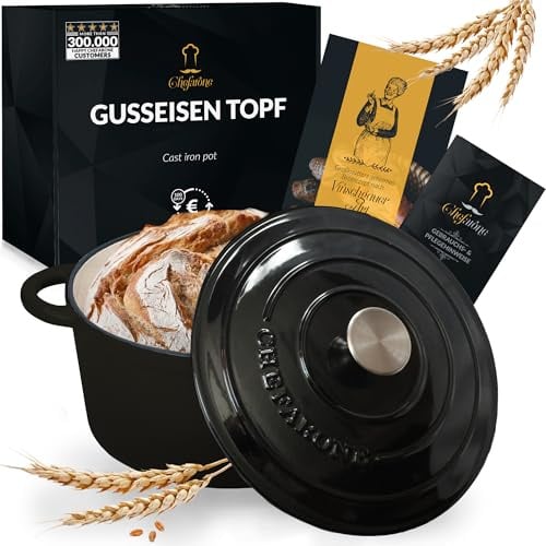 Chefarone Gusseisen Topf Brot Backen 24 Cm, 3,5 L Schmortopf, Emailliert Zum Schmoren, und Braten, Brotbacktopf mit Deckel Induktion Bräter (schwarz)