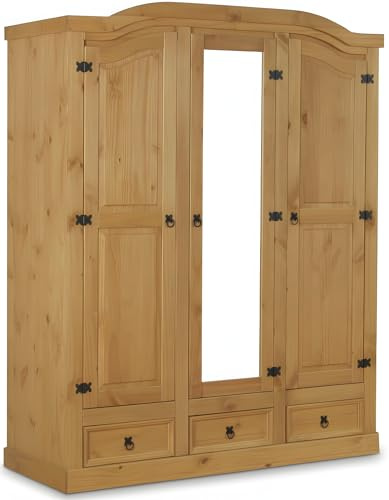 Kleiderschrank Holz – Mexico Kleiderschrank mit 3 Schubladen – B157xH193xT57cm – Massivholz Kiefer Natur – Garderobenschrank Mit Spiegel – Schwebetürenschrank – Schlafzimmerschrank – Flurschrank