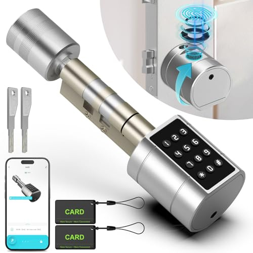 Anweller Türschloss Fingerabdruck, Elektronisches Türschloss Haustür Code Smart Lock SchließZylinder 60mm mit 2 Schlüssel, 2 IC-Karte, für Türen von 65-90 mm