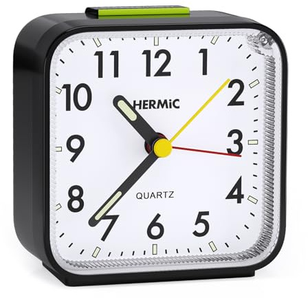 HERMIC Wecker Analog Ohne Ticken Wecker mit Licht, Batteriebetrieben, Lauter Alarm, Schlummerfunktion, Geräuschlos, Leuchtziffern Tragbarer Leise Klein Reisewecker für Tiefschläfer