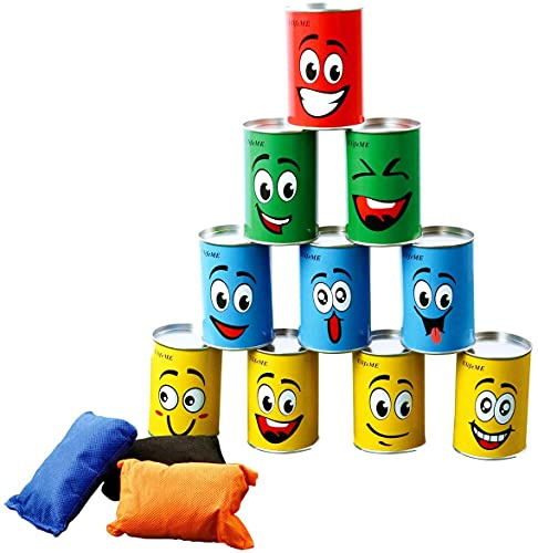 Dosenwerfen Kinder, Ulifeme Dosenwurfspiel für Kindergeburtsta & Andere Party, 10pcs Lächeln Dosen & 3pcs Bunt Wurfsäckchen Set für Gartenspiele, Dosen Werfen Spiele Gifts für Kinder & Erwachsene