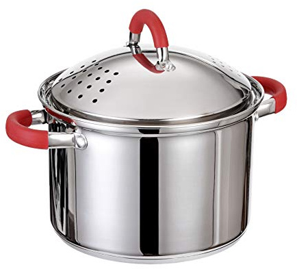 GRÄWE Nudel-Kochtopf 22 cm, 5 Liter, Edelstahl, Ausgießdeckel, Induktion | Pastatopf aus Edelstahl mit Ausgießdeckel, Innenskala und Thermokapselboden für Pasta, Spaghetti, Kartoffeln und Gemüse