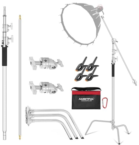 AMBITFUL Stainless Steel Heavy Duty C Stand with Boom Arm - Max Height 320cm/10.5ft Photography Light Stand with 128cm/4.2ft Holding Arm, 2 Grip Head for Studio Monolight, Softbox, Reflector