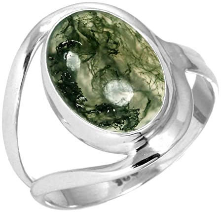 Jeweloporium Grüner Moosachat Silberring Größe 67 (21,3), 925 Sterling Silber Ring für Damen, Echter ovaler Edelstein Boho Schmuck
