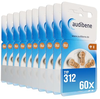 audibene Hörgerätebatterien Typ 312 braun, Batterien für Hörgeräte 60 Stück Vorratspack, Made in Germany, Wireless Approved, quecksilberfrei