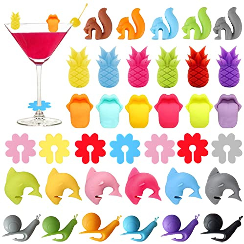Glasmarker Silikon 36 Stück Wein Trinken Marker Glasmarkierer Bunte Glas Markierung Trinkgläser Wiederverwendbarer Glas Kennzeichnung Teebeutel Halter für Party Weinglas, Trinkglas (6 Formen)