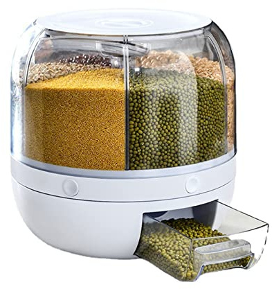 Vorratsdosen, Reisspender, 5Kg Müsli Aufbewahrungsbox, 23x23 cm 6 Raster Getreidebehälter Aufbewahrung, 360° Drehbarer Runde Trockenfutter Spender Reisbox Getreidetopf Müslidosen für Bohnen Nüsse