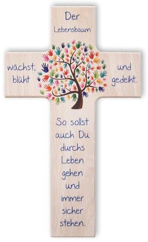 Fritz Cox Holzkreuz Lebensbaum | Das besondere Geschenk für unsere Liebsten | Wandkreuz zur Taufe, Kommunion, Geburt | 15 cm