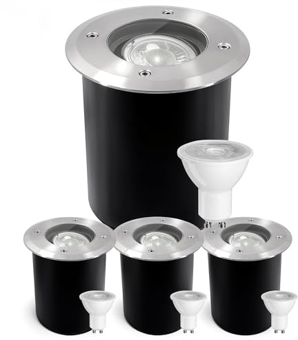 JNR 4er Edelstahl Bodenstrahler Außen Schwenkbar GU10 IP67 Wasserdicht mit LED 5W 3000K Warmweiß Glühbirne, Bodeneinbaustrahler Aussen 230V Bodenleuchten Außen, Silber