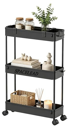 SPACELEAD Schlanker Regalwagen, 3 Etagen, Badezimmer-Organizer, rollbarer Allzweckwagen, Mobile Regaleinheit zum Herausziehen für Büro, Küche, Waschküche und Enge Räume, schwarz