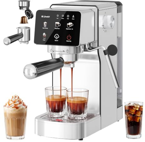 LLIVEKIT 2-in-1 Kaffeemaschine | 20 Bar Espressomaschine, Milchaufschäumer | Kompatibel mit Nespresso Kapsel & Kaffeepulver, Siebträgermaschine mit 3 Temperaturen, 1,2 L Wassertank, für Cappuccino Latte