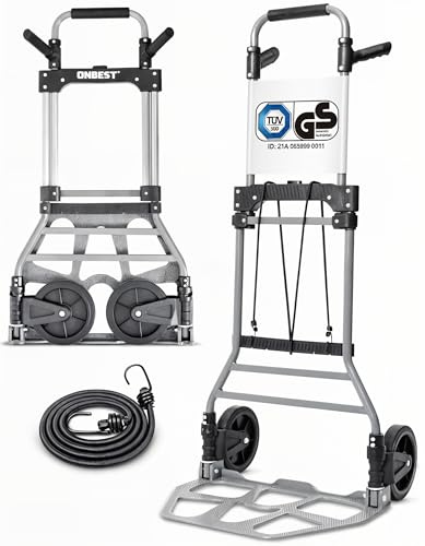 ONBEST Sackkarre klappbar 150 kg – Geprüfte Qualität, Vollgummireifen, 110 cm Griff, große Ladefläche – Faltbare Transportkarre/Trolley mit Rollen inkl. 150 cm Gurt – Umzugshelfer & Transporthilfe