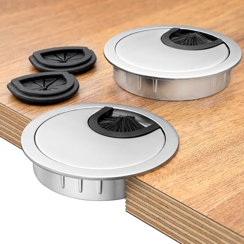 Bruce.® 2X Kabeldurchführung Ø60mm Metall für Schreibtisch & Möbel – Endlich Ordnung im Büro und Zuhause – mit Bürsten- & Gummieinsatz – Silber