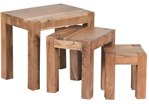 FineBuy 3er Set Satztisch Massiv-Holz Akazie Wohnzimmer-Tisch Landhaus-Stil Beistelltisch dunkel-braun Naturholz