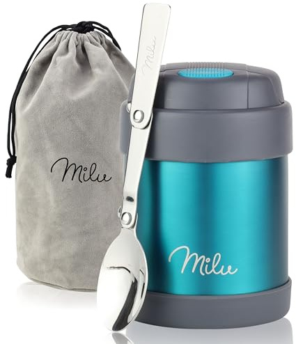 Milu® Thermobehälter für Essen Kinder 300ml, Edelstahl Warmhaltebehälter mit Löffel, Thermobecher 100% Auslaufsicher, Thermo Lunchbox, Thermobox Suppen, Speisebehälter Grün, 300ml