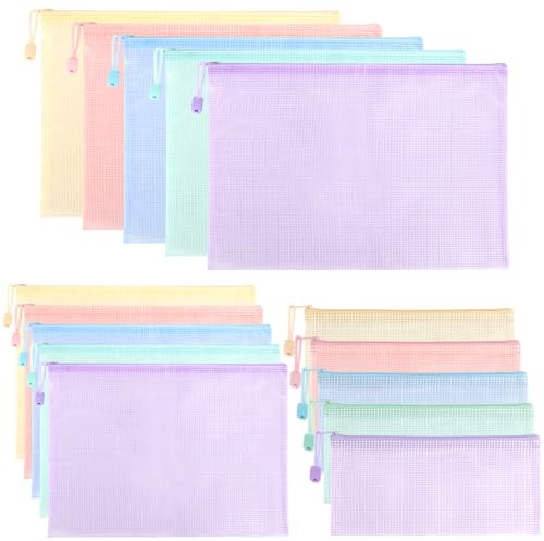 Mutsitaz 15 Stück Dokumententasche mit Reißverschluss A4+A5+A6,Umschläge mir Verschluss, Wasserdichter Dokumentenbeutel für Dokumente, Quittung, Papier, Schule, Prüfungsblatt, Kosmetik, Reise,5 Farben