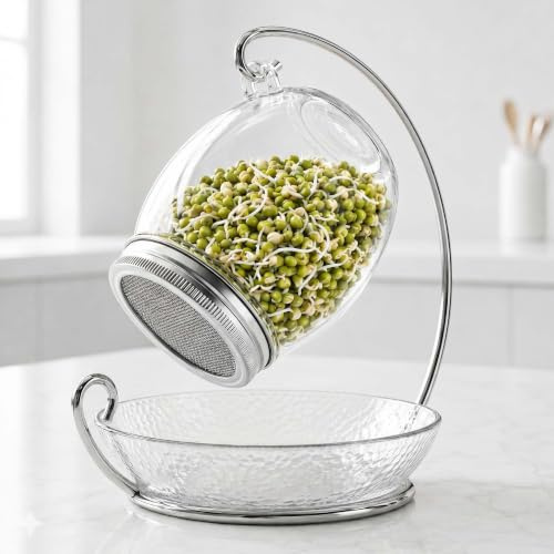 ALCEDIA Premium Sprossengläser-Set - einzigartiges 850 ml großes Keimglas, Ständer, Tablett und 316 Edelstahl-Siebdeckel | dekorativer Saatgut für den Innenbereich (1 Set)