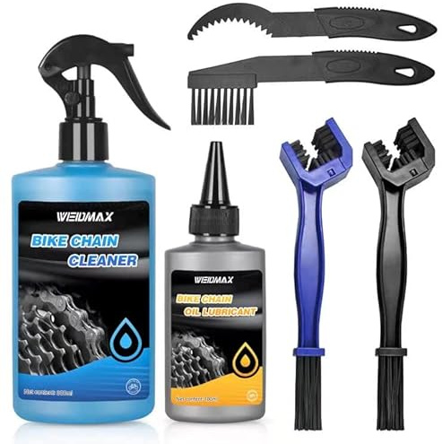 WEIDMAX Fahrrad Kettenreiniger Set, 6 in 1 Fahrrad Reinigungsset mit 100 ml Fahrrad Kettenöl und 300 ml Fahrradketten Reiniger Spray, Fahrradpflegeset mit Bürsten, Fahrradreiniger für Alle Fahrrädern