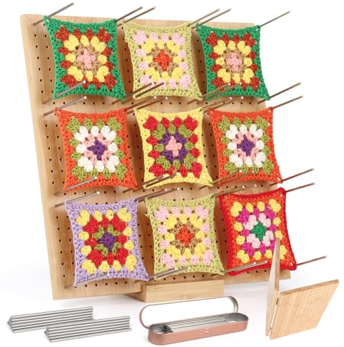 Coopay Granny Square Spanner Groß, 33 x 33 cm Blocking Board Häkeln mit 30 Edelstahl Stabstiften, Faltbar Bambus Spannbrett für Granny Squares Spannen, Strick- und Häkelprojekte, Blocking Board 33 cm